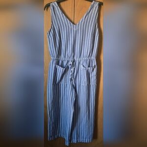 Striped Blue Drawstring Jumpsuit with Front Pockets